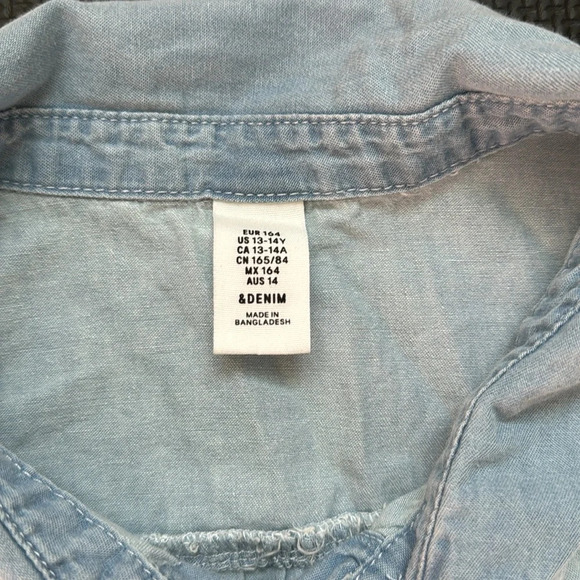 Denim blue Jean Sleeves Shirt front know button up girl size 13/14 Y - Picture 3 of 7